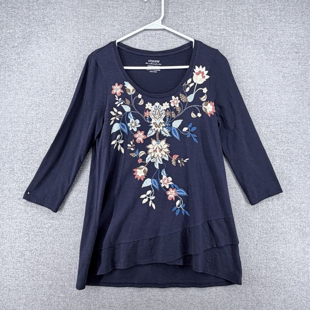Chicos The Ultimate Tee Women Size 0/S Asymmetric 3/4 Sleeve Blue Floral Casual